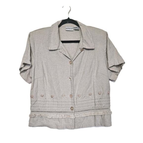 Vtg Fashion Bug Floral Linen Button Up Top Size 16 Embroidered Beige Boho Beach - Picture 1 of 9